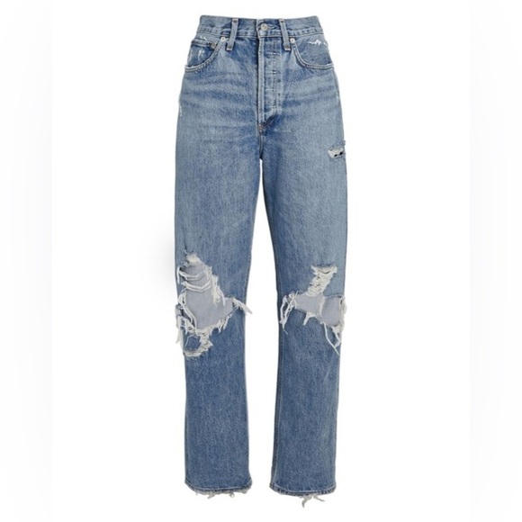 Agolde Blue Distressed Straight Leg Jeans - Picture 8 of 16